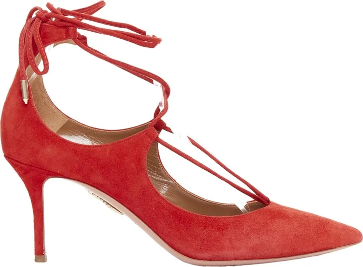 Christy red suede leather lace up mid pumps