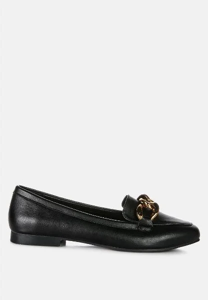 Chunky Metal Chain Faux Leather Loafers Women