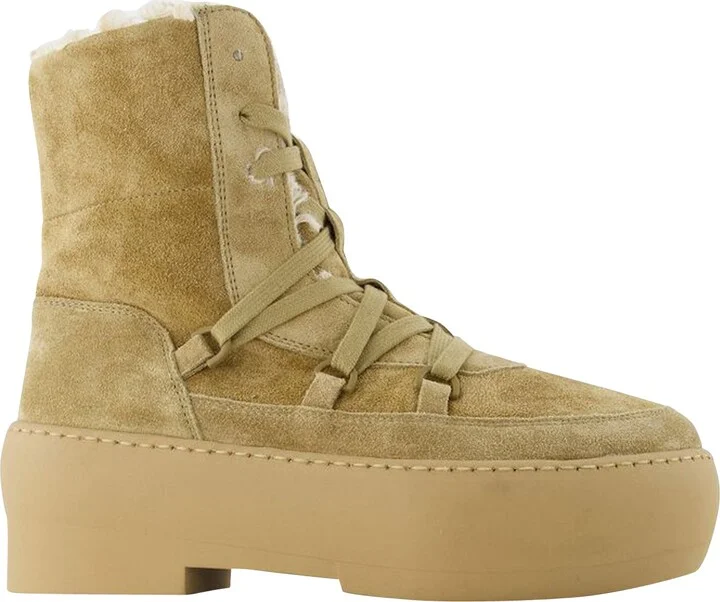 Chunky Sole Lace-Up Boots in Beige Leather