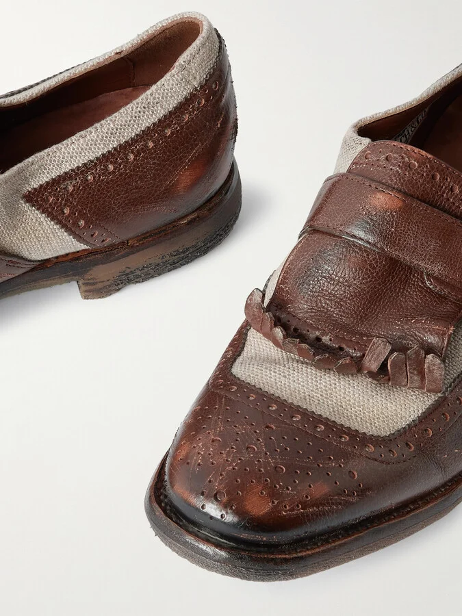 Church's - Shanghai Distressed Leather And Canvas Brogues - Ecru - Image 4