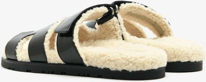Chypre Sandals in Black Nappa Glace and Ecru Shearling - Image 3