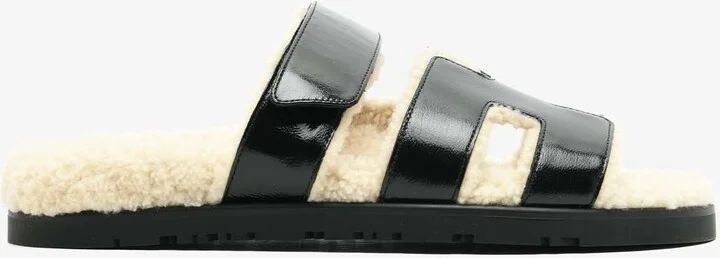 Chypre Sandals in Black Nappa Glace and Ecru Shearling