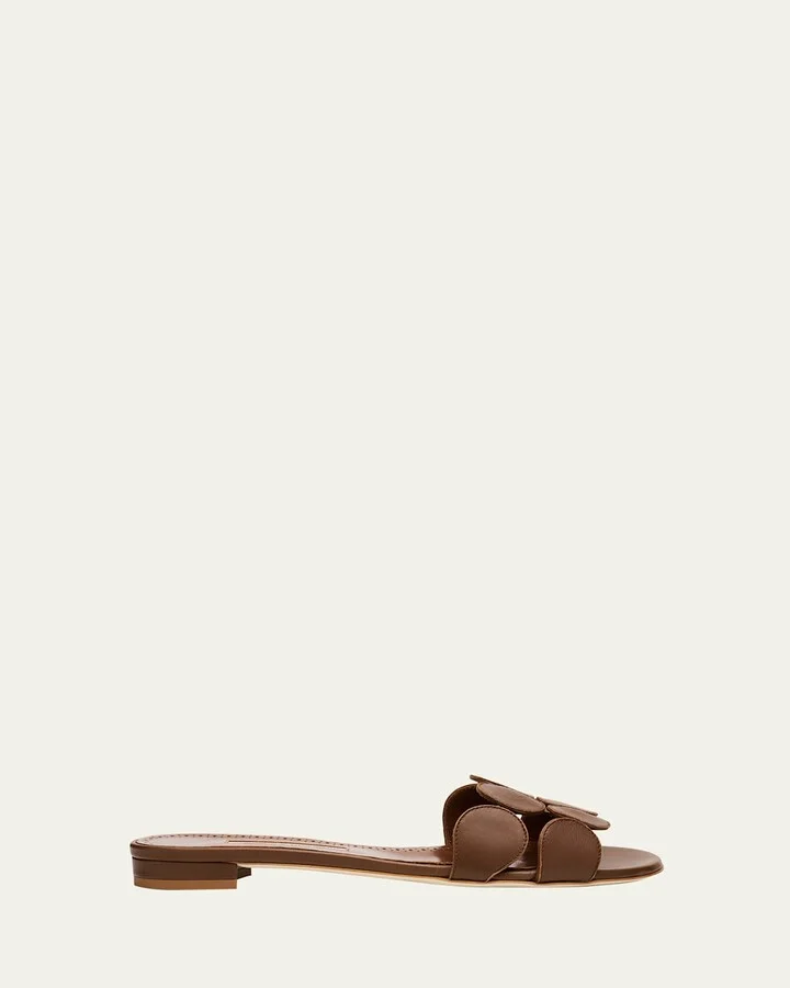 Circle-Cut Leather Flat Slide Sandals