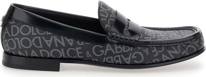 'city' Black Loafers With All-over Logo In Cotton And Leather Man