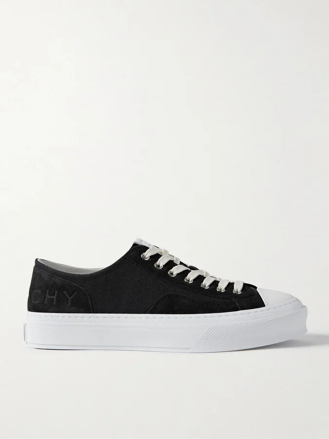 City Logo-Debossed Leather and Suede-Trimmed Canvas Sneakers