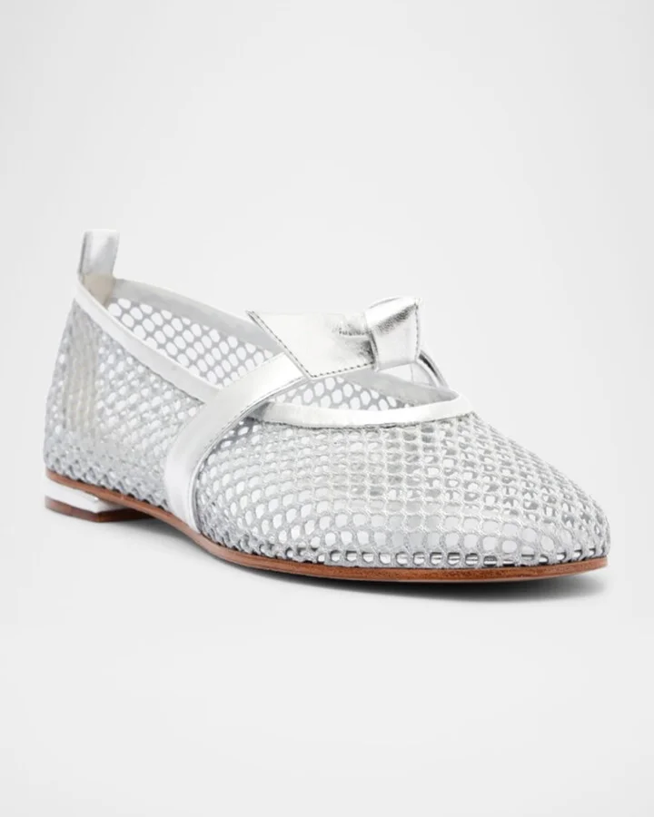 Clarita Metallic Bow Fishnet Ballerina Flats - Image 3
