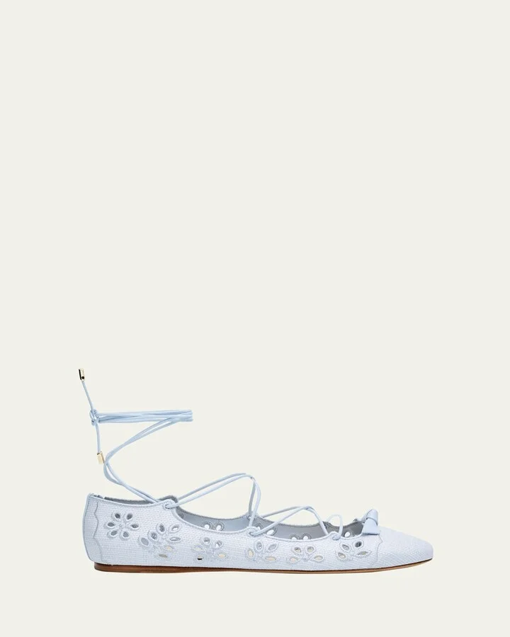 Clarita Raffia Eyelet Ankle-Tie Ballerina Flats