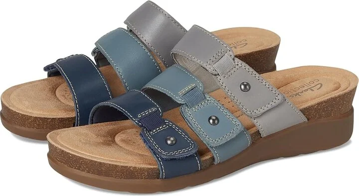 Clarks Calenne Lily Women's Sandals Navy Leather : 9.5 D - Wide, Leather/Rubber