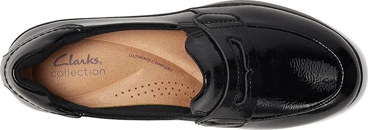 Clarks Ellowyn Penny Women's Flat Shoes Black Crinkle Patent Synthetic : 5 B - Medium, Leather - Image 2