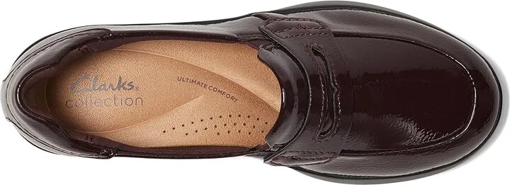 Clarks Ellowyn Penny Women's Flat Shoes Wine Crinkle Patent Synthetic : 12 B - Medium, Leather - Image 2