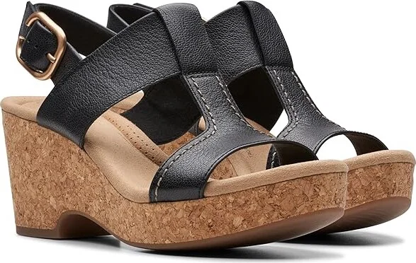 Clarks Giselle Style Women's Sandals Black Leather : 9 D - Wide, Leather/Rubber