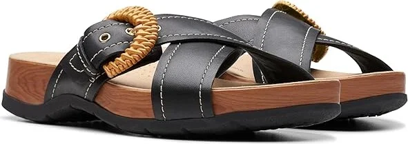 Clarks Reileigh Bay Women's Sandals Black Leather : 9 B - Medium, Leather/Rubber