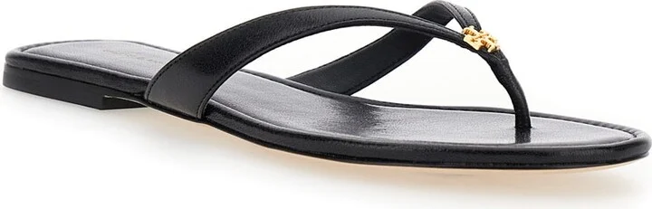 'classic' Black Flip Flop Sandals With Logo Plaque And Thong Strap In Leather Woman - Image 2