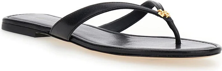 'Classic' Black Flip Flop Sandals With Logo Plaque And Thong Strap In Leather Woman - Image 2
