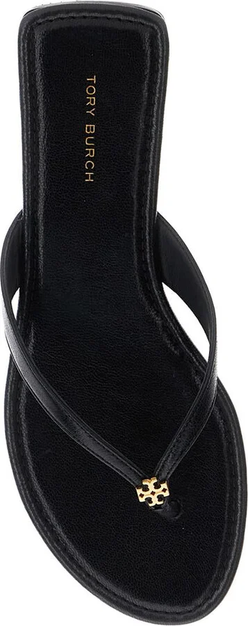 'Classic' Black Flip Flop Sandals With Logo Plaque And Thong Strap In Leather Woman - Image 4