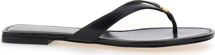 'classic' Black Flip Flop Sandals With Logo Plaque And Thong Strap In Leather Woman