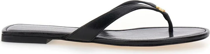 'Classic' Black Flip Flop Sandals With Logo Plaque And Thong Strap In Leather Woman