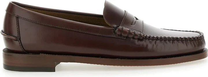 'Classic Dan' Brown Loafers With Raised Stitching And Low Heel In Leather Man