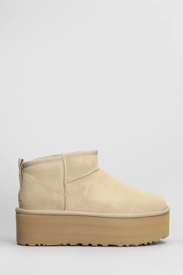 Classic Ultra Mini Low Heels Ankle Boots In Beige Suede