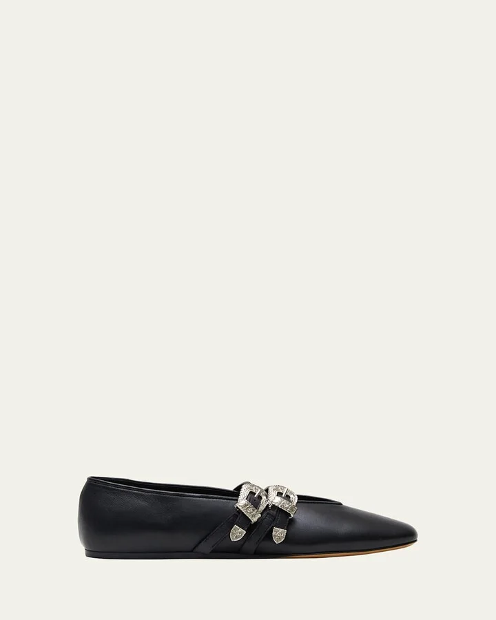 Claudia Leather Dual-Buckle Ballerina Flats
