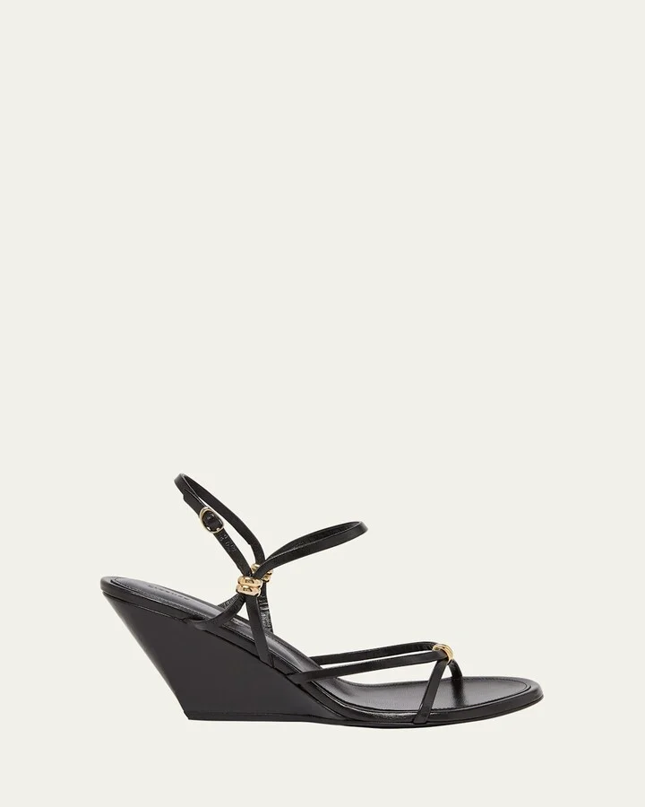 Coil Buckle Ankle-Strap Leather Wedge Sandals