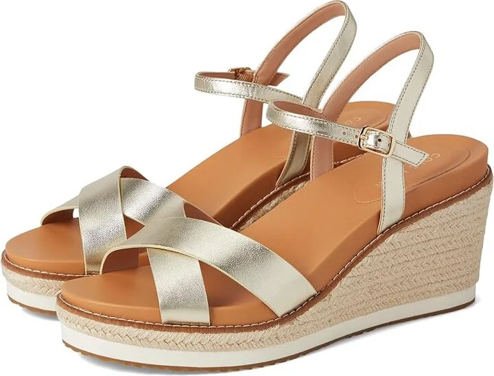 Cole Haan Cloudfeel Silvee Espadrille Wedges 75mm Women's Sandals Soft Gold Leather : 7 B - Medium, Leather/Rubber