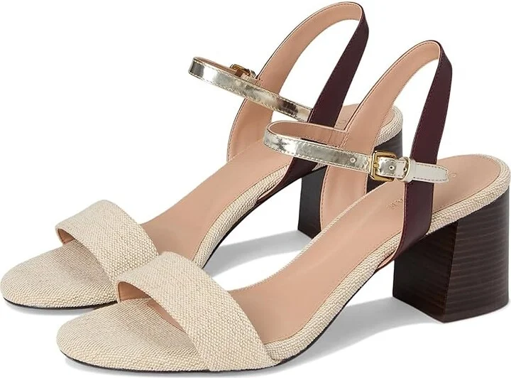 Cole Haan Josie Block Heel Sandals 65mm Women's Shoes Canvas/Bloodstone Leather/Soft Gold Specchio : 8.5 B - Medium, Rubber