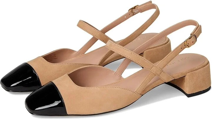 Cole Haan Pella Block Heel Slings High Women's Heels Tuscan Sand Suede/Black Pat Leather : 5.5 B - Medium