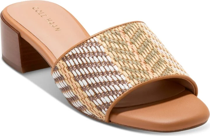 Cole Haan Women's Calli Single-Band Block-Heel Dress Sandals - Striped Raffia, Biscuit Leather