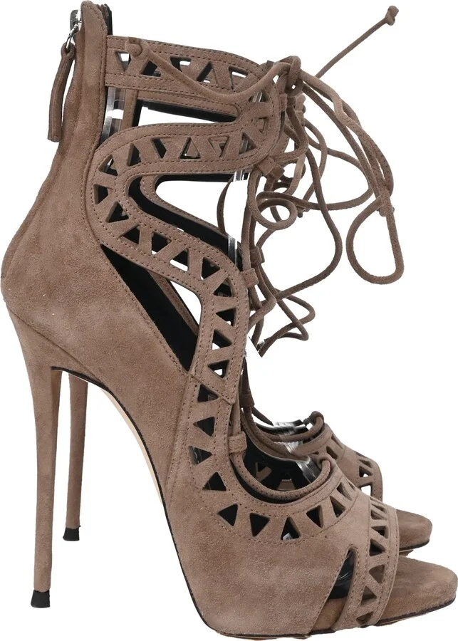 Coline Lazer Cut Lace-Up High-Heel Sandals in Brown Suede