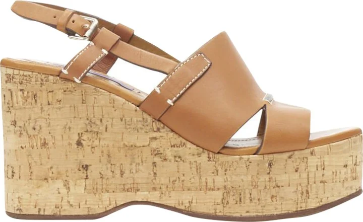 Collection tan leather cork wedge platfor