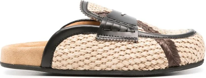 College Leather-Trim Raffia Mules