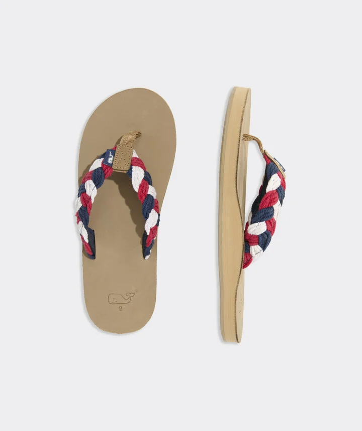 Colorblock Braided Rope Leather Flip Flops