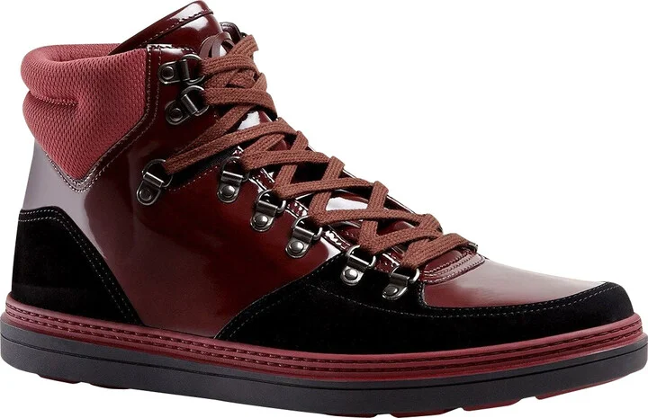 Contrast Combo Dark Red Patent Leather / Suede High top Sneaker 368496 1078