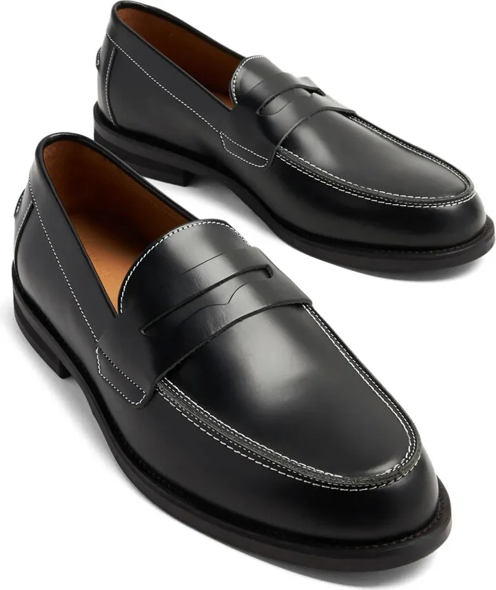 Contrast-Stitching Leather Loafers - Image 4