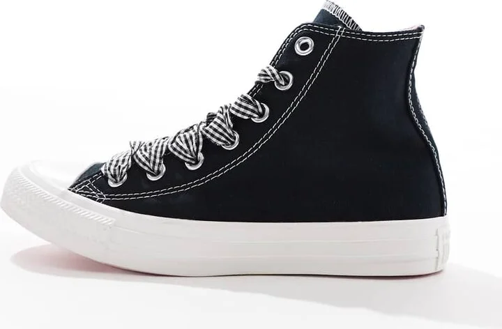 Converse Chuck Taylor All Star Hi sneakers in black with gingham laces - Image 2