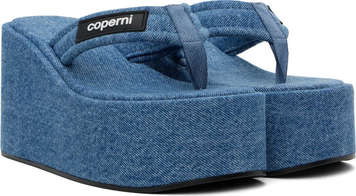 Coperni Blue Denim Branded Wedge Sandals - Image 4