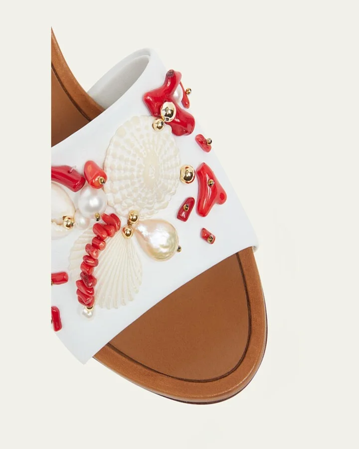 Coral Beaded Leather Slide Sandals - Image 4
