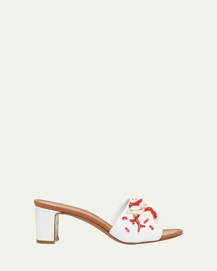 Coral Beaded Leather Slide Sandals