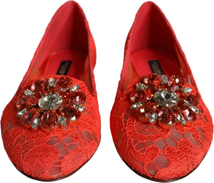 Coral Lace Crystal Ballet Flats Loafers Women's Shoes - Image 2