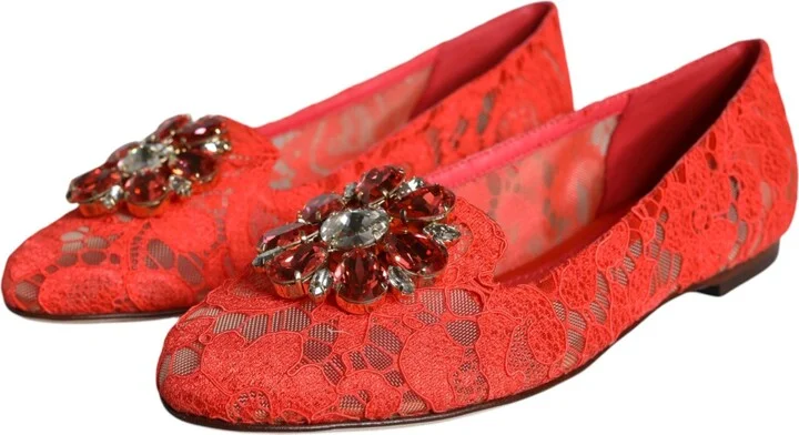 Coral Lace Crystal Ballet Flats Loafers Women's Shoes - Image 3