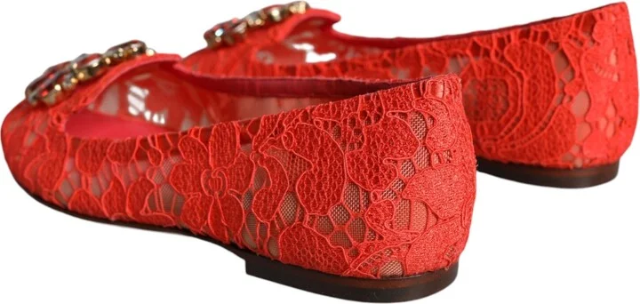 Coral Lace Crystal Ballet Flats Loafers Women's Shoes - Image 4