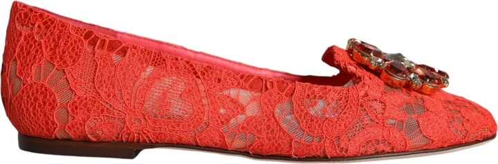 Coral Lace Crystal Ballet Flats Loafers Women's Shoes