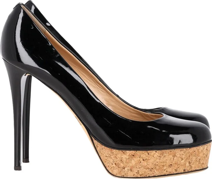 Cork Platform Pumps in Black Patent Leather