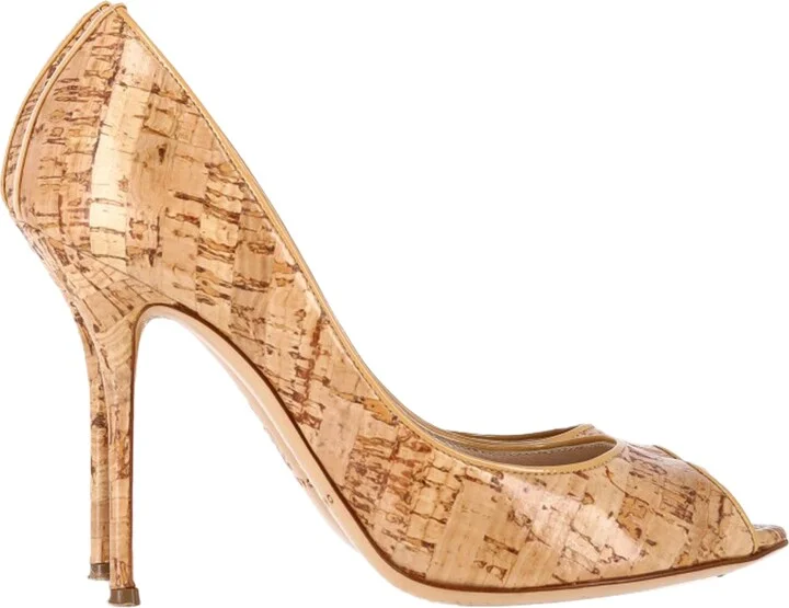 Cork-Printed Peep-Toe Pumps in Brown Leather