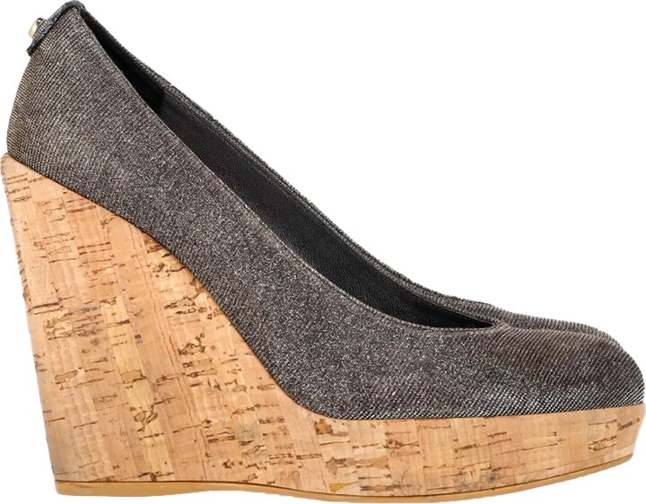 Cork Wedge Platform Pumps in Silver Glitter Lurex