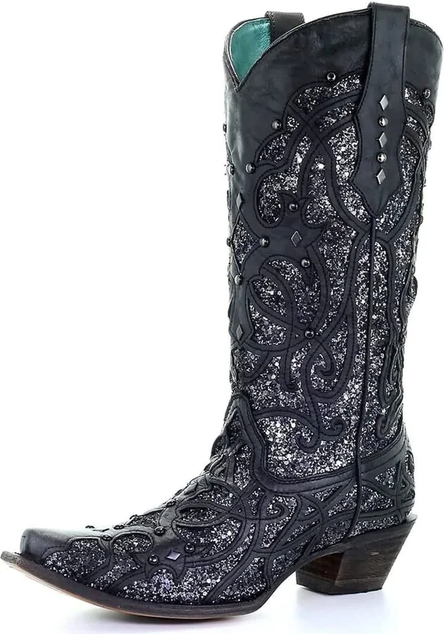 Corral Boots Women's Full-Grain Leather Orix Brown with Glitter Inlay and Studs Snip Toe Western Boots