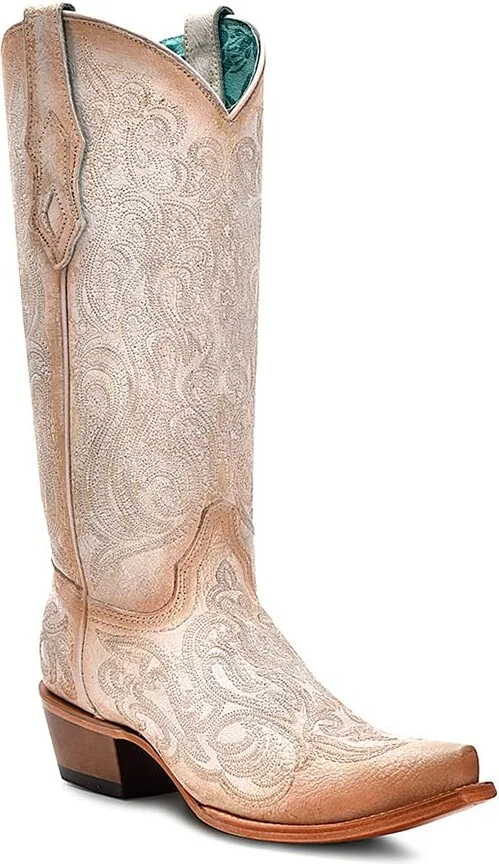 Corral Boots Women's Pink Luminescent Embroidery Crackled Straw Snip Toe Cowboy Boot (White