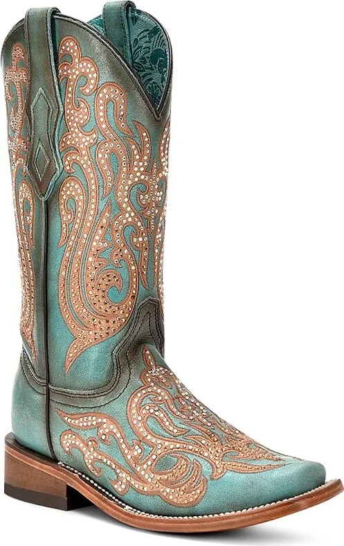 Corral Ladie's Distressed Turquoise-Honey Embroidery & Crystals Sq. Toe