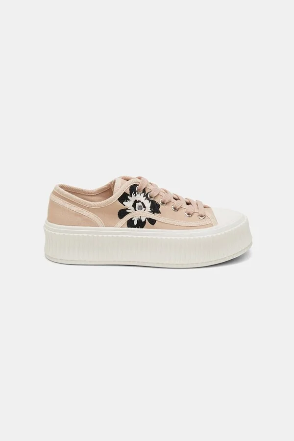 Cotton canvas platform sneakers with flower embroidery